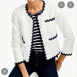 J Crew White Linen Jacket With Blue Trim Size 00
